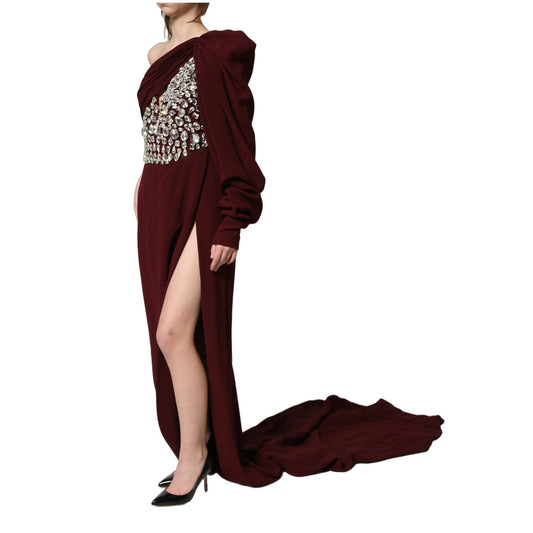 Dolce & Gabbana Maroon Crystal One Shoulder EveningGown Dress