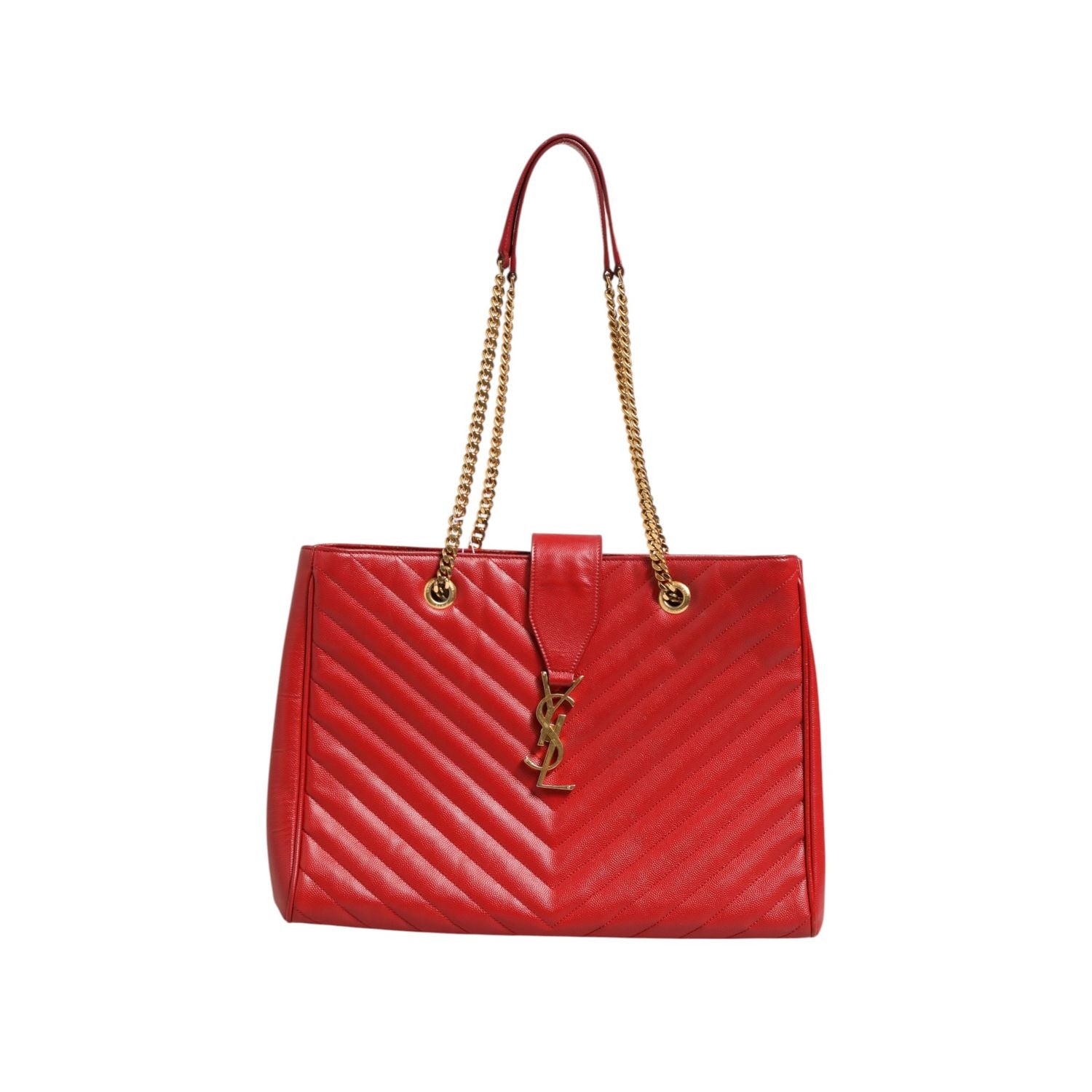 Saint Laurent Red Chevron Quilted Grained Leather Monogram Tote Bag
