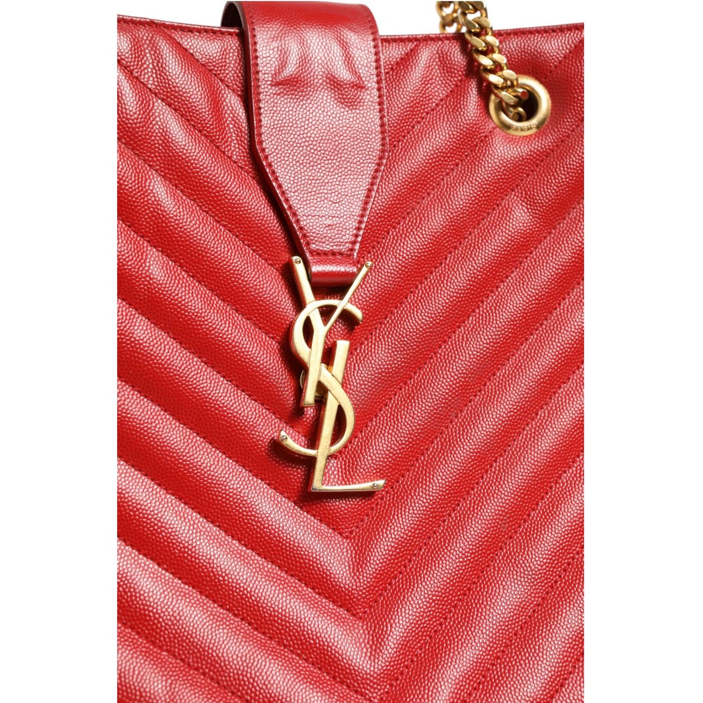 Saint Laurent Red Chevron Quilted Grained Leather Monogram Tote Bag