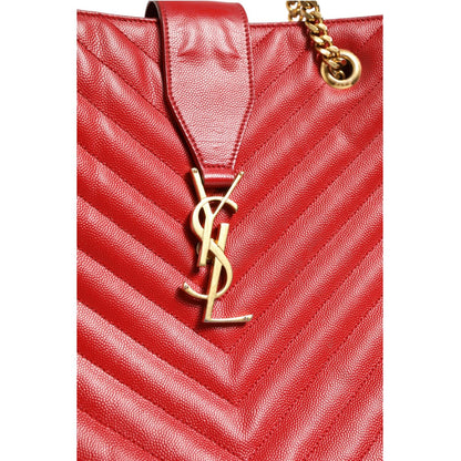 Saint Laurent Red Chevron Quilted Grained Leather Monogram Tote Bag