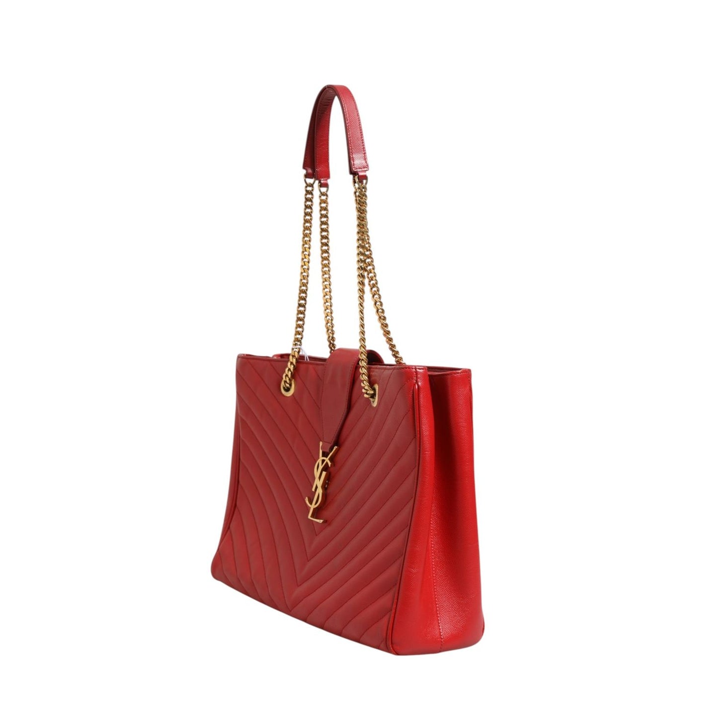 Saint Laurent Red Chevron Quilted Grained Leather Monogram Tote Bag