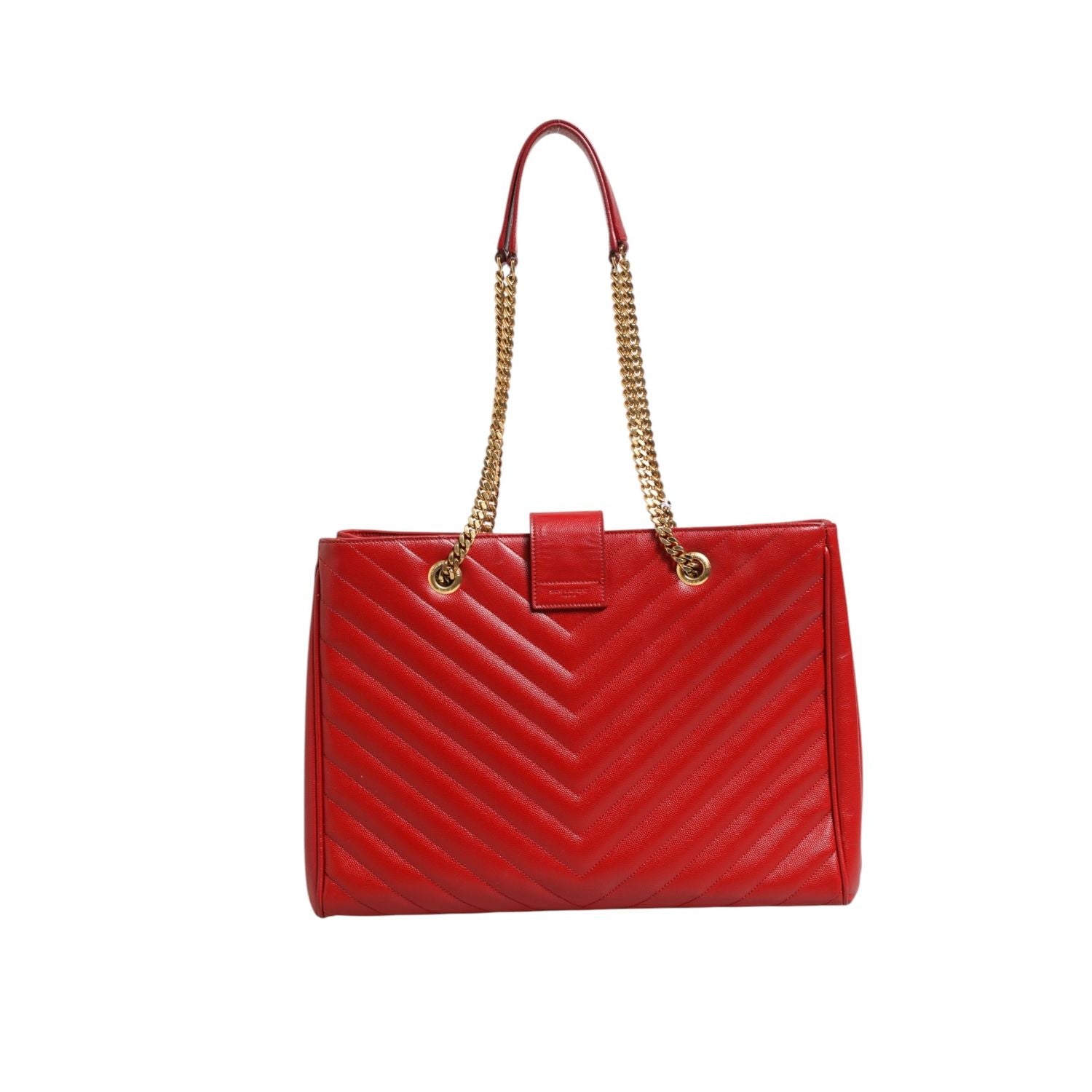 Saint Laurent Red Chevron Quilted Grained Leather Monogram Tote Bag