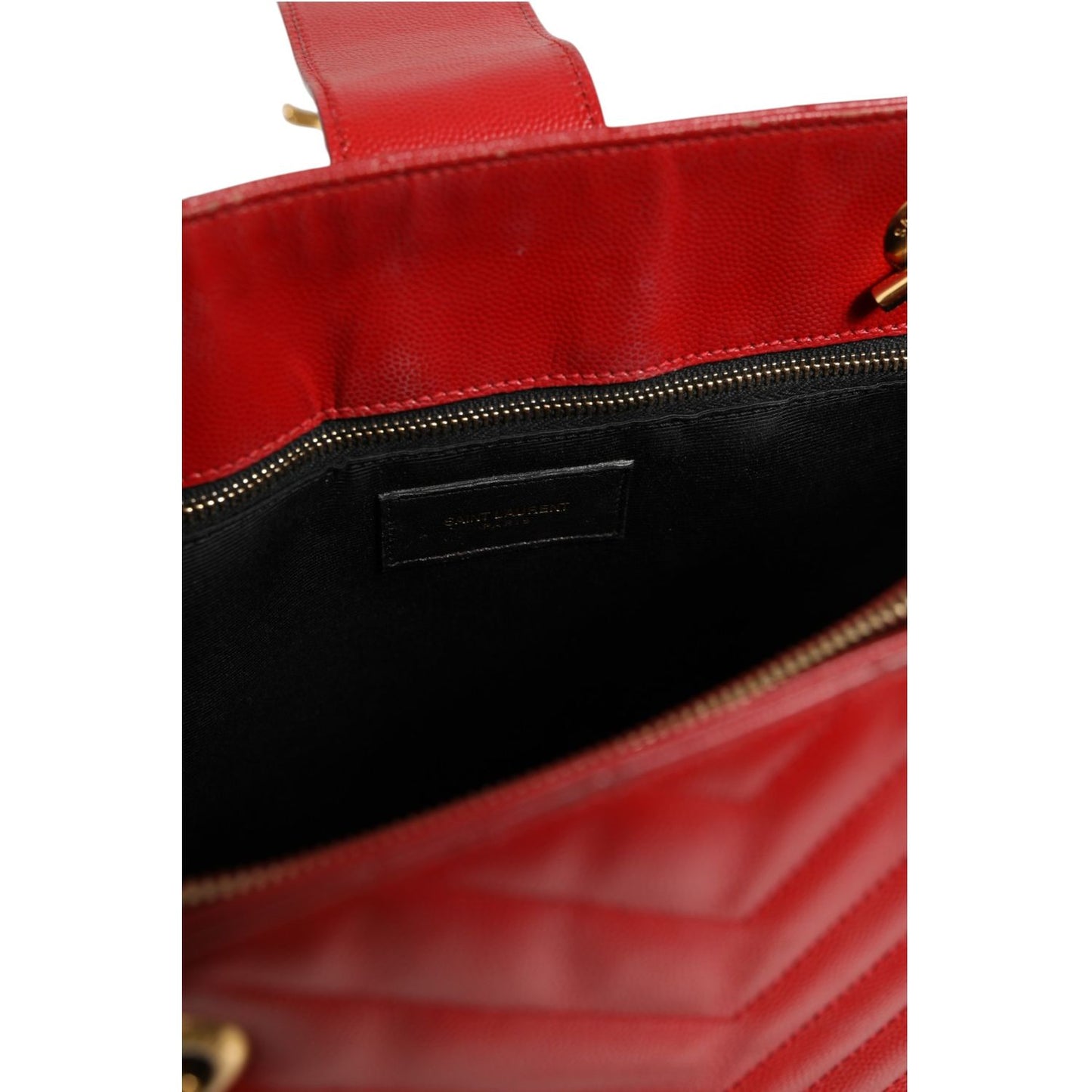 Saint Laurent Red Chevron Quilted Grained Leather Monogram Tote Bag