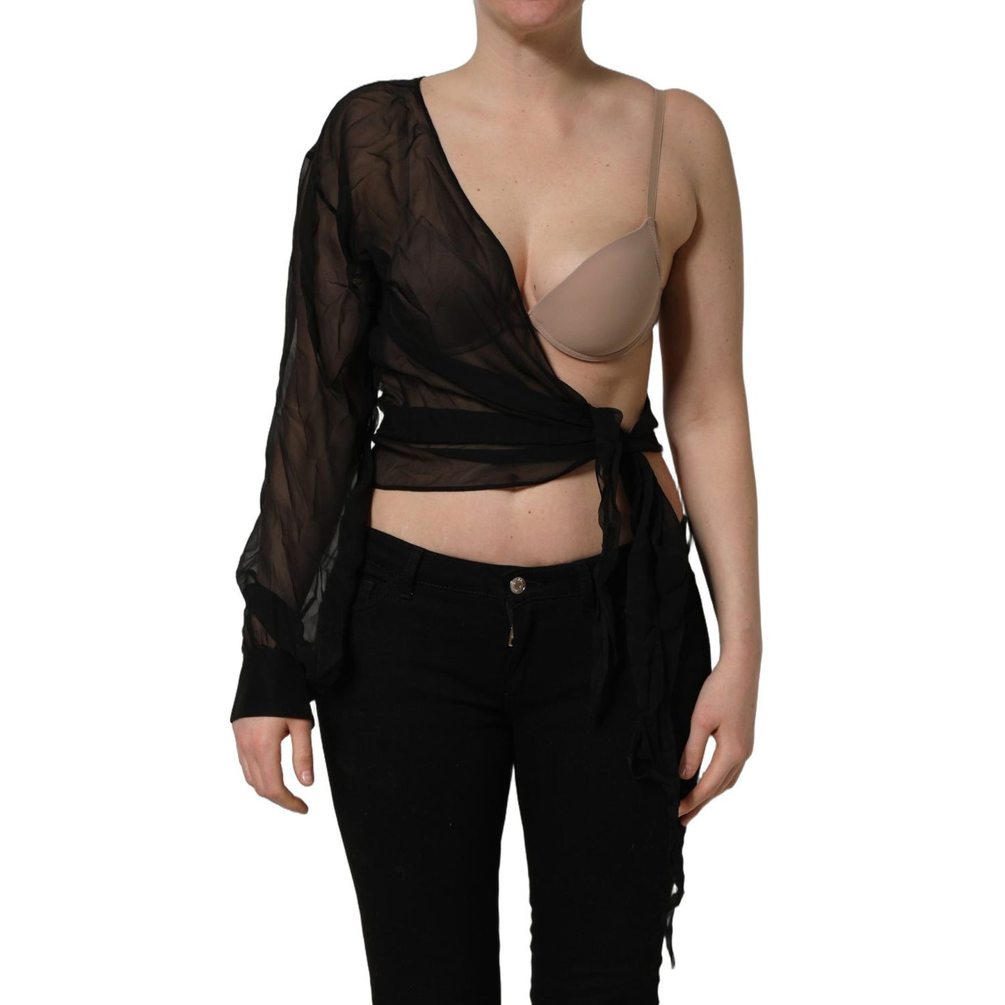 Dolce & Gabbana Black Wrap Sheer Chiffon One Shoulder Top