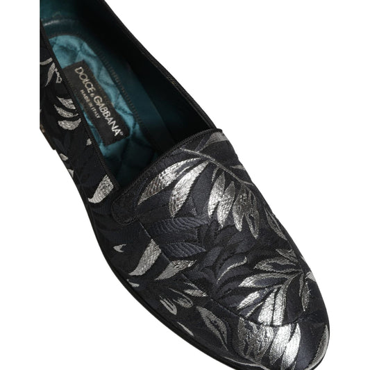 Dolce & Gabbana Black Leaf Embroidery Dress Men Loafers Shoes