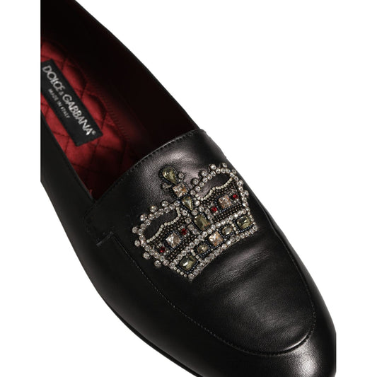 Dolce & Gabbana Black Leather Crown Embellished Loafers Shoes