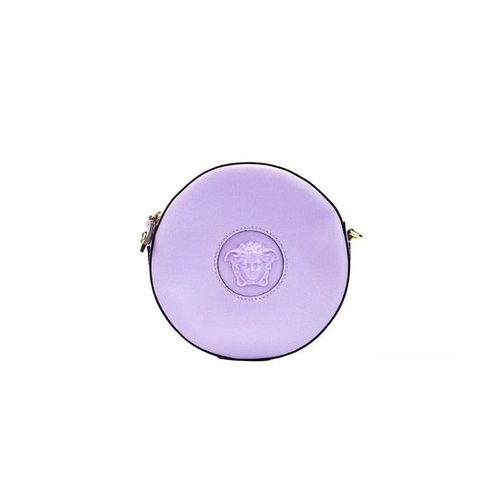 Versace Round Disco Lilac Pebbled Leather Camera Case Crossbody Bag Purse