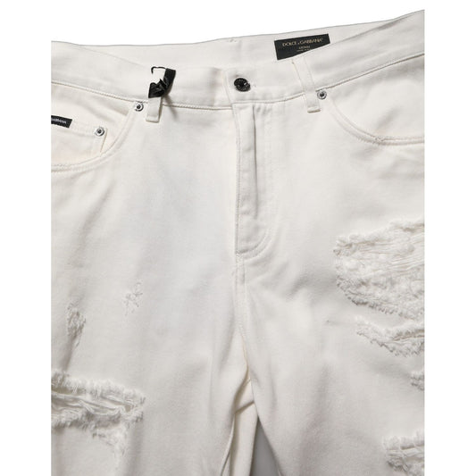 Dolce & Gabbana White Cotton Distressed Straight Denim Jeans