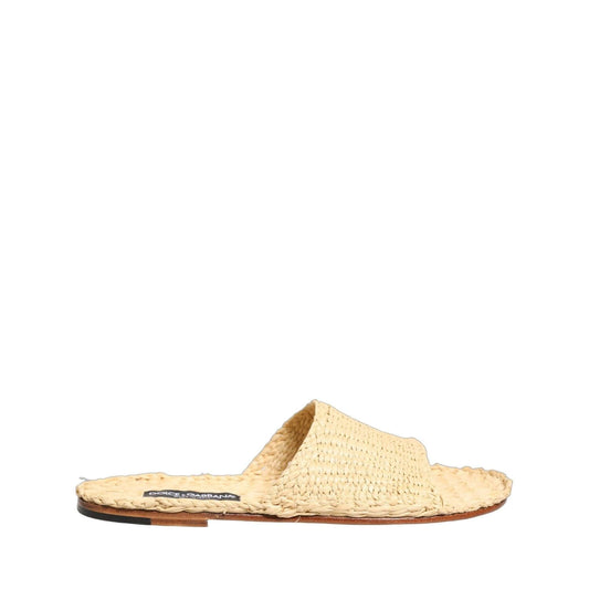 Dolce & Gabbana Beige Straw Raffia Slides Sandals Flats Shoes