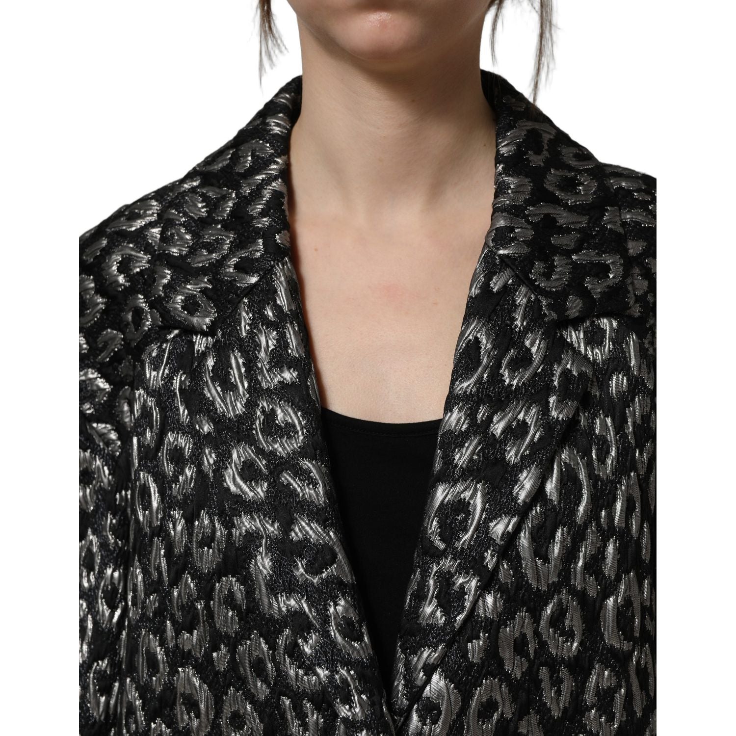 Dolce & Gabbana Black Silver Jacquard Leopard Coat Jacket
