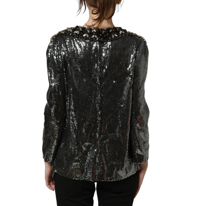 Dolce & Gabbana Metallic Gray Sequin Embellished Blouse Top