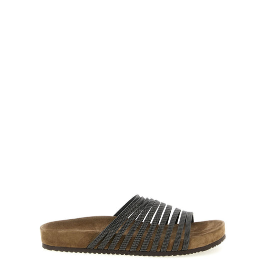 Brunello Cucinelli Black Lamb Leather Slides