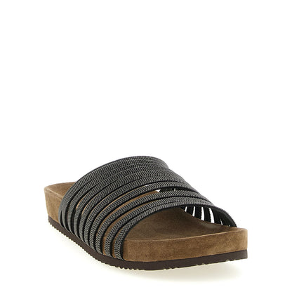 Brunello Cucinelli Black Lamb Leather Slides