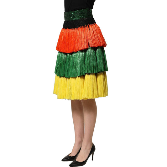 Dolce & Gabbana Multicolor Fringe Sequin High Waist Knee Length Skirt
