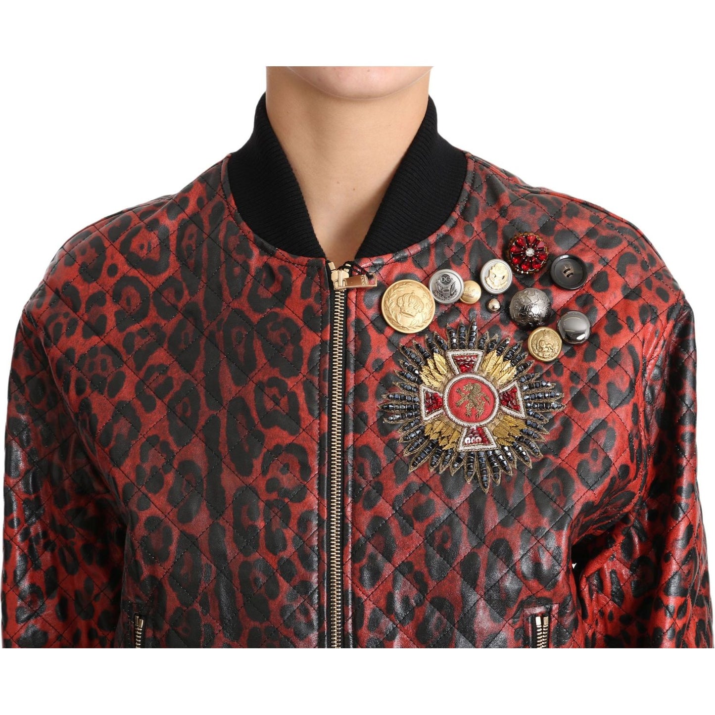 Dolce & Gabbana Red Leopard Button Crystal Leather Jacket Coats & Jackets