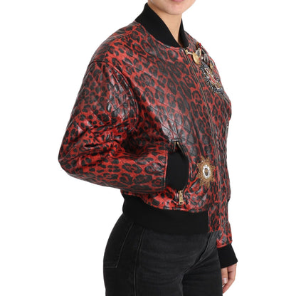 Dolce & Gabbana Red Leopard Button Crystal Leather Jacket Coats & Jackets