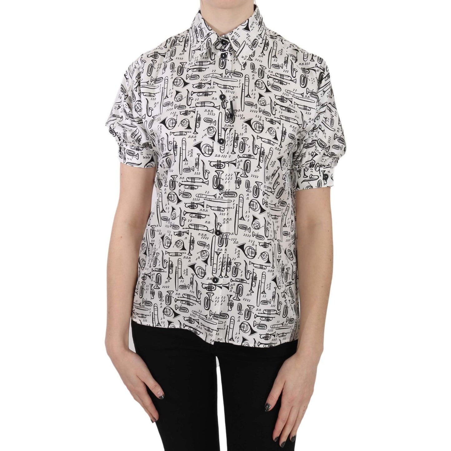 Dolce & Gabbana Trumpet Print Button Front Silk Top Blouse