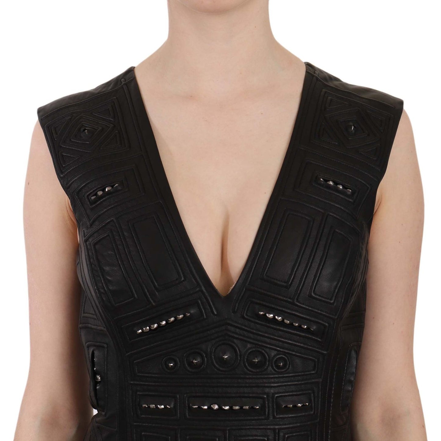 John Richmond Black Leather Studded Mini Shift Dress