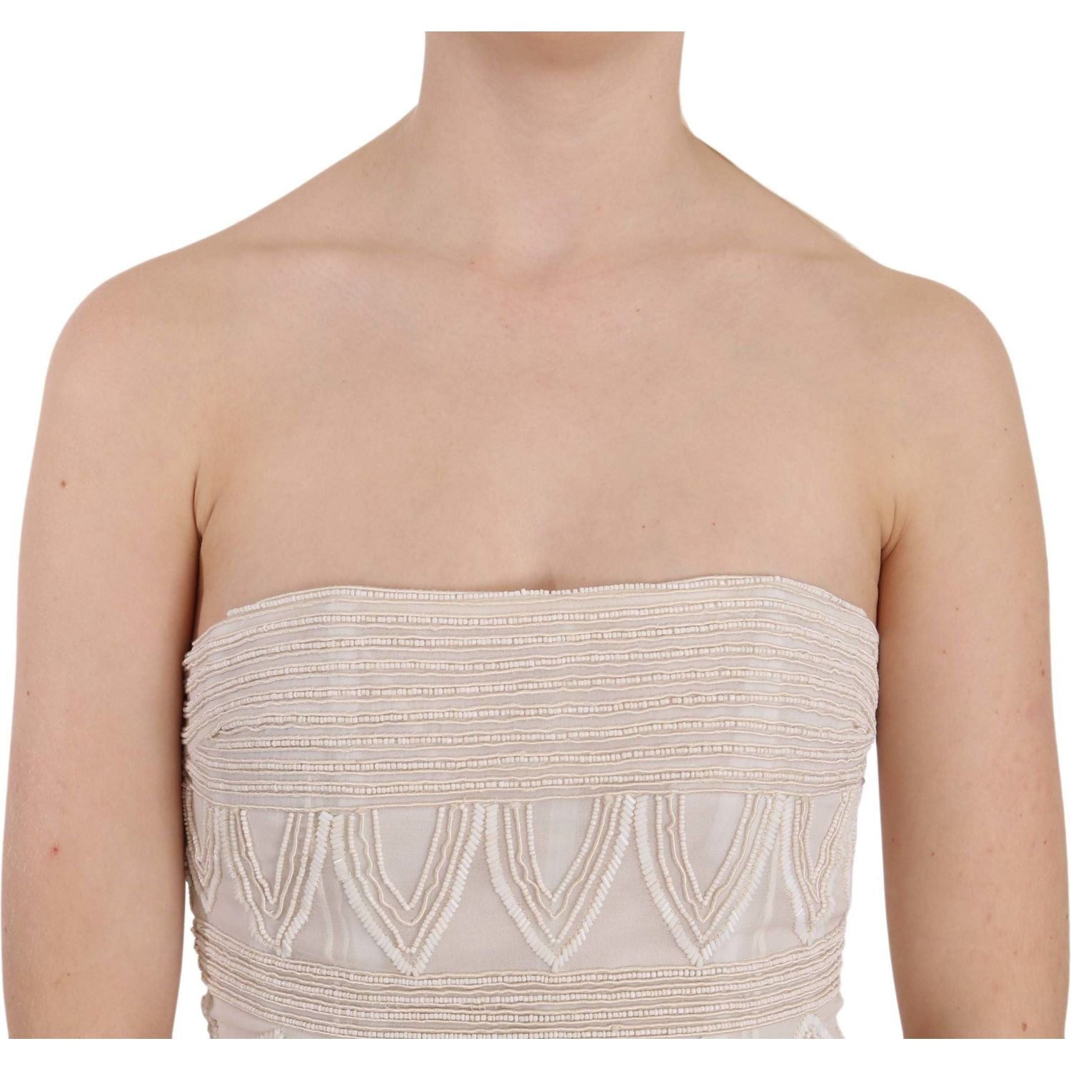 John Richmond Beige Beaded Silk Short Mini Gown  Dress