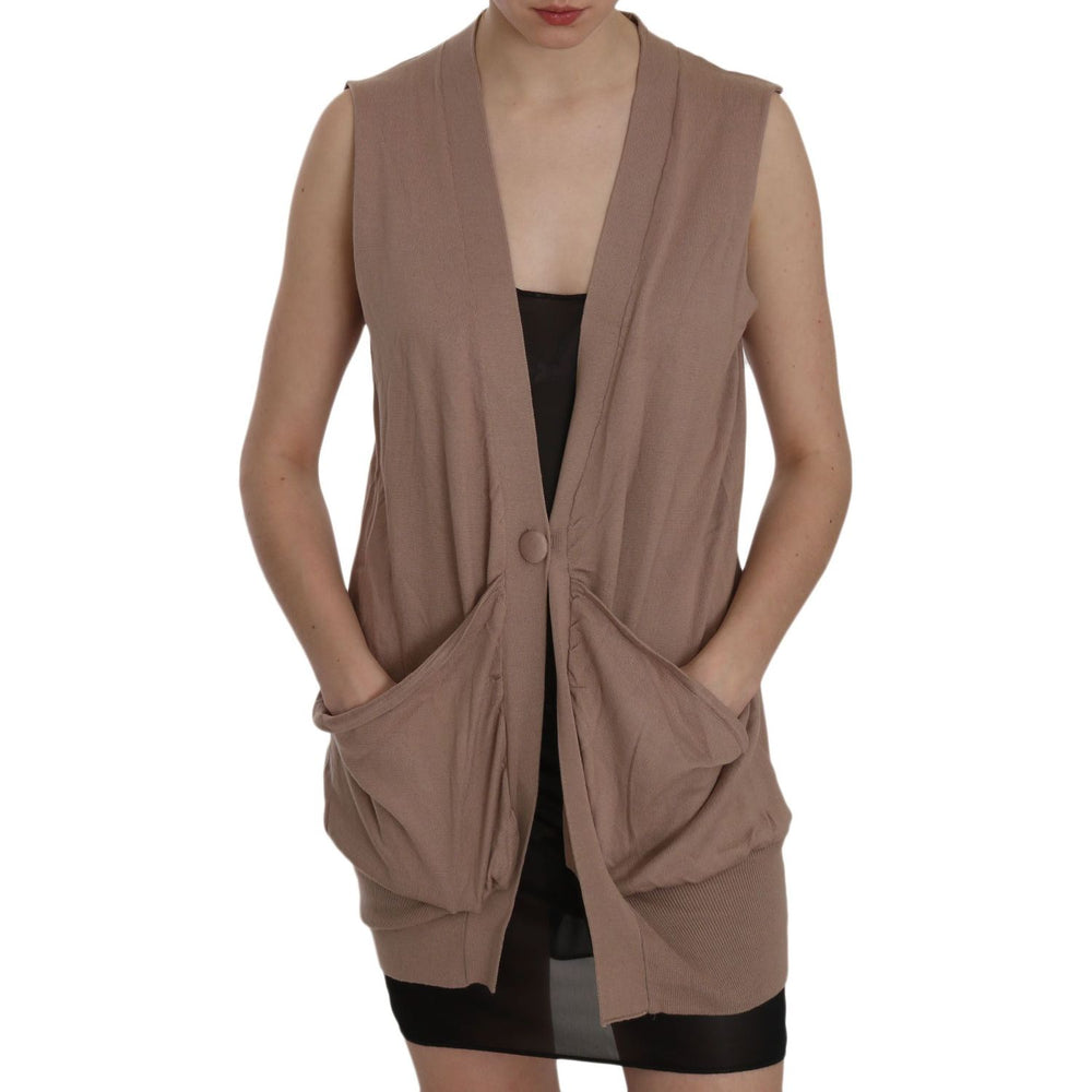 PINK MEMORIES Brown 100% Cotton Sleeveless Cardigan Top Vest