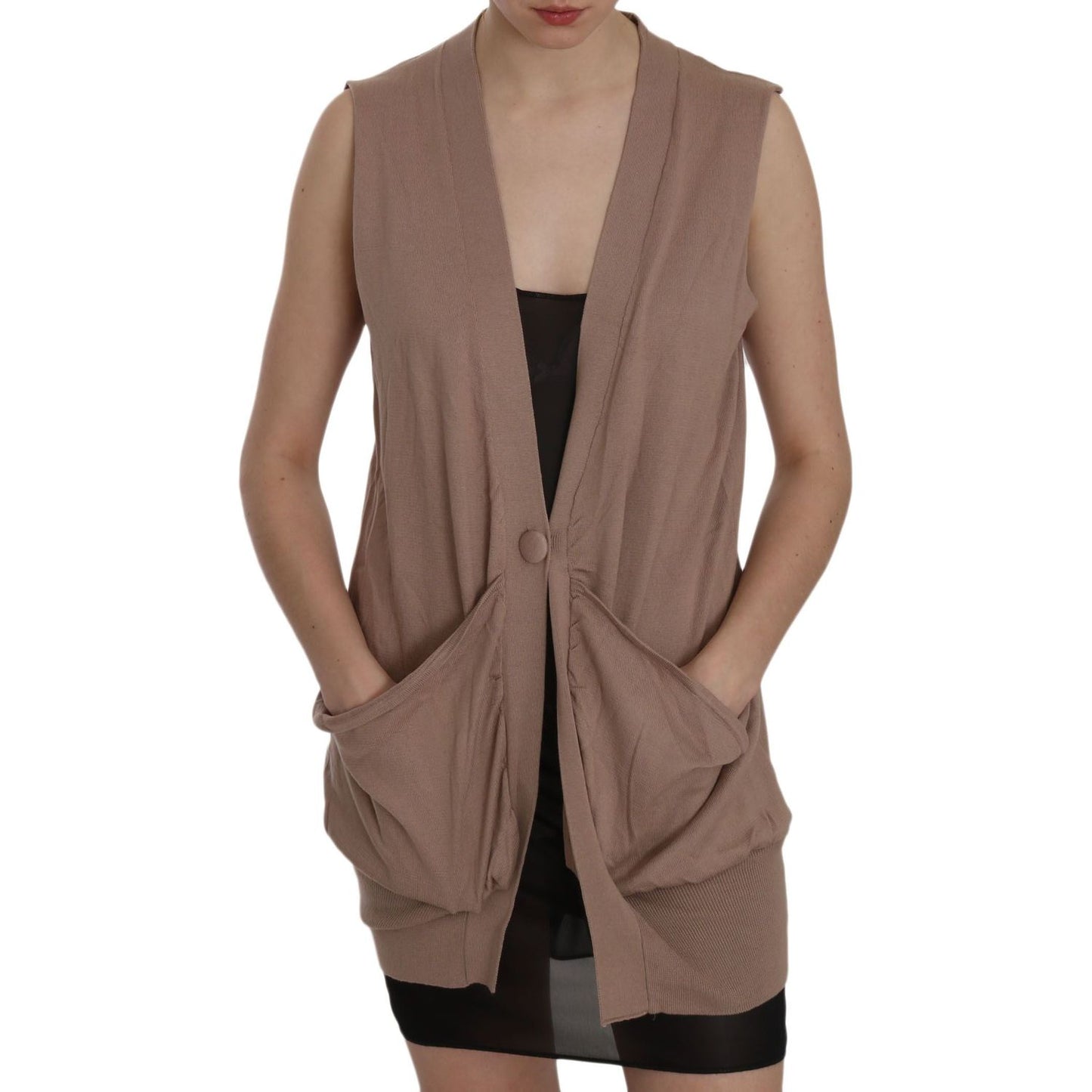 PINK MEMORIES Brown 100% Cotton Sleeveless Cardigan Top Vest