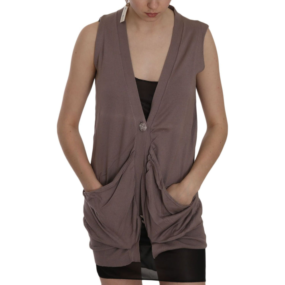 PINK MEMORIES Brown 100% Cotton Sleeveless Cardigan Top Vest