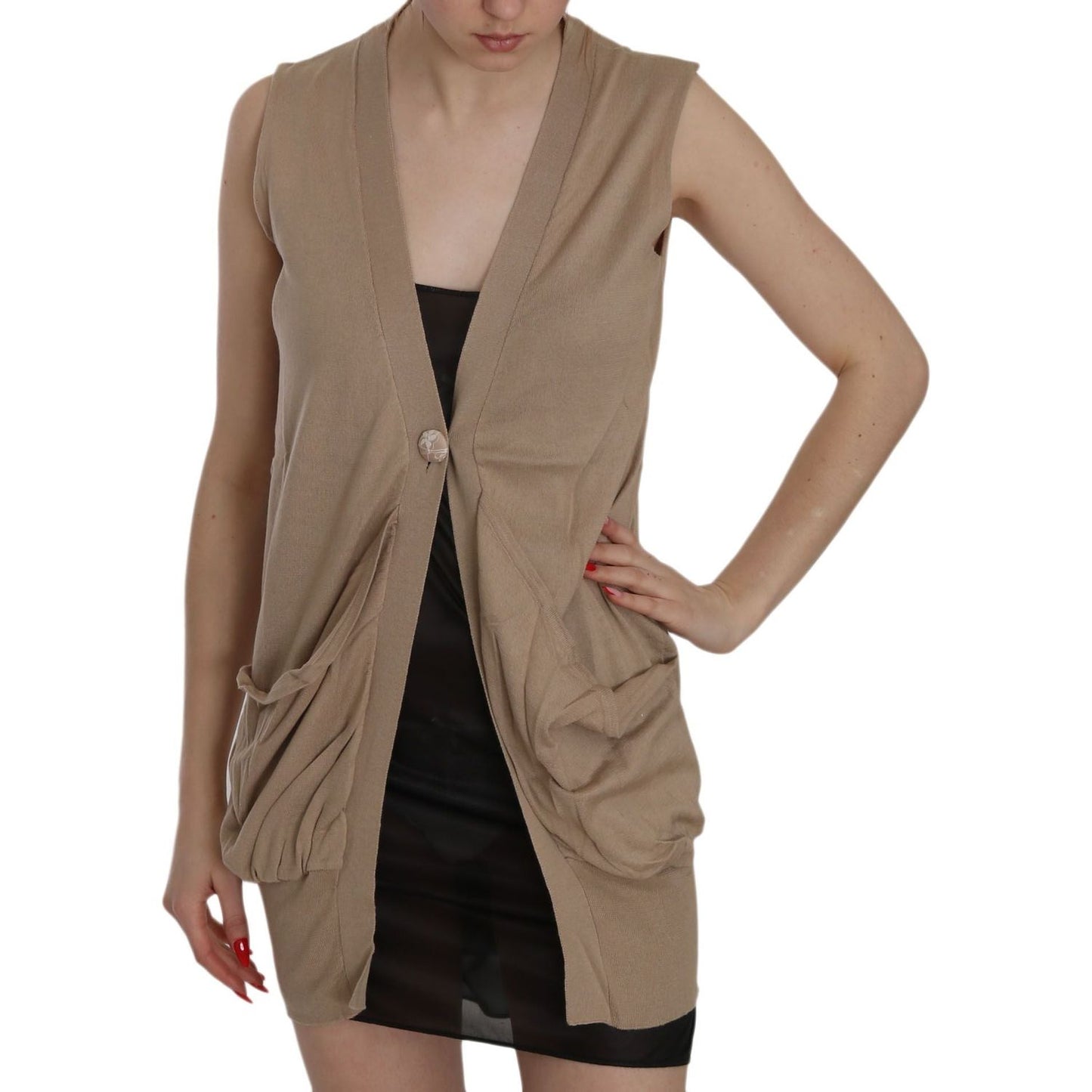 PINK MEMORIES Brown 100% Cotton Sleeveless Cardigan Top Vest