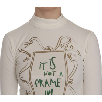 Exte White Printed Turtle Neck 3/4 Sleeve Top Cotton Blouse