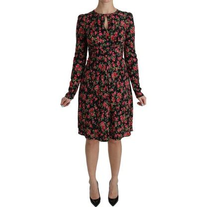 Dolce & Gabbana Black Floral Longsleeve Knee Length Dress