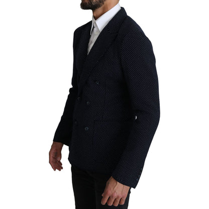 Dolce & Gabbana Dark Blue Dotted Double Breasted Coat Blazer1728,67345645728,Blazers - Men - Clothing,Blazers - Suits & Blazers - Clothing,Blue,Clothing,Dolce & Gabbana,IT50 | L,Material: 58% Virgin Wool 37% Silk 4% Nylon 1% Elastane,Men,Men - Clothing,Ne