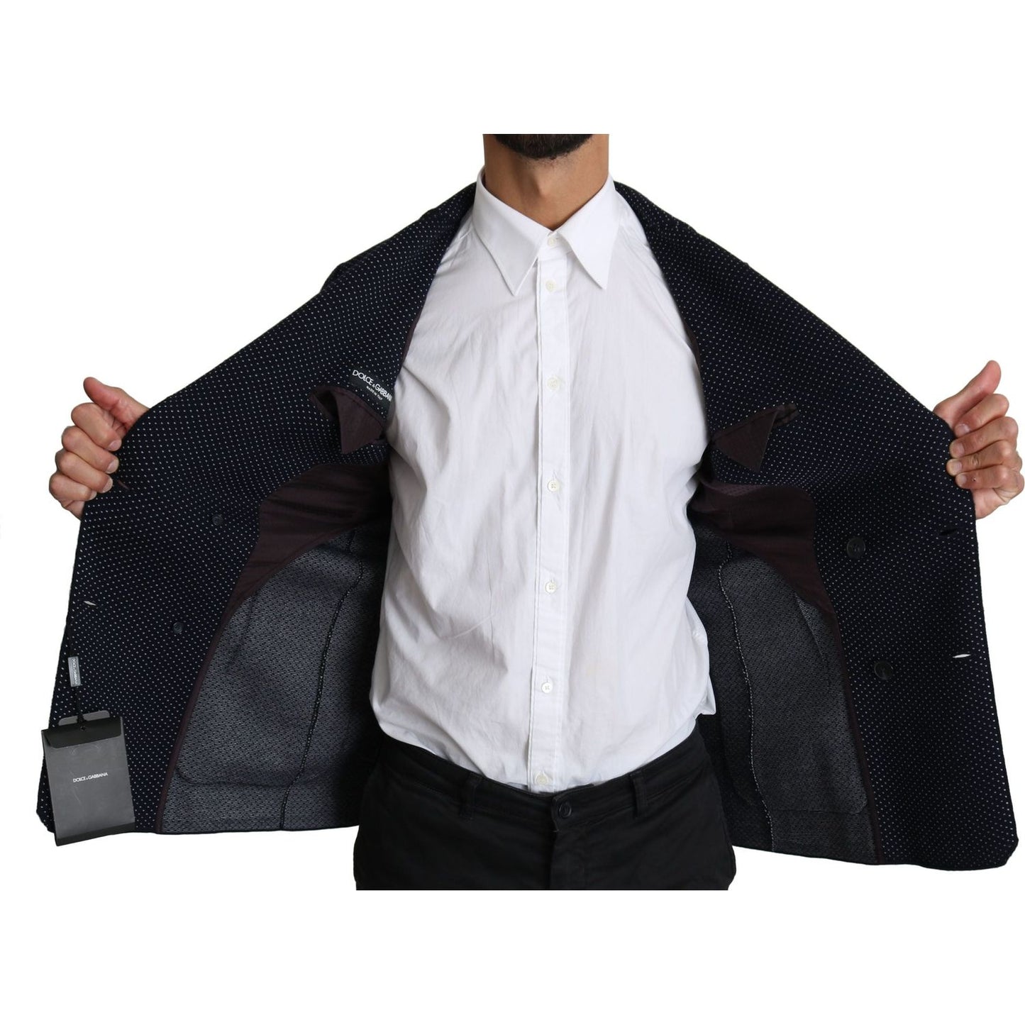 Dolce & Gabbana Dark Blue Dotted Double Breasted Coat Blazer1728,67345645728,Blazers - Men - Clothing,Blazers - Suits & Blazers - Clothing,Blue,Clothing,Dolce & Gabbana,IT50 | L,Material: 58% Virgin Wool 37% Silk 4% Nylon 1% Elastane,Men,Men - Clothing,Ne