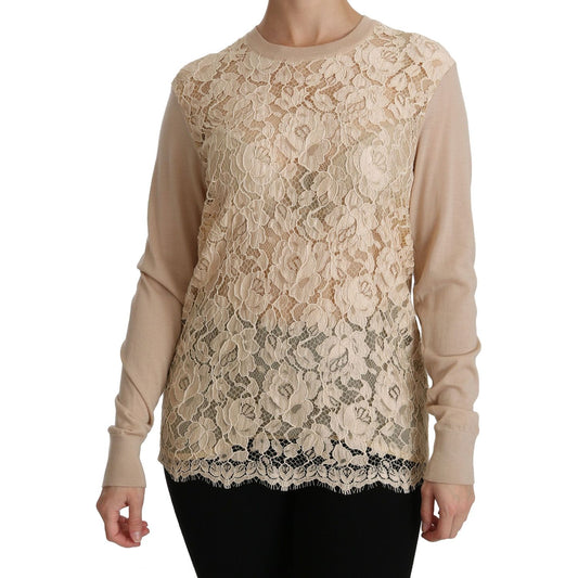 Dolce & Gabbana Beige Lace Long Sleeve Top Cashmere Blouse