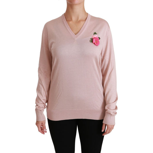 Dolce & Gabbana Pink Floral Embellished Pullover Silk Sweater