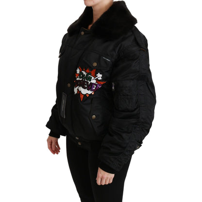 Dolce & Gabbana Black Queen Crown Sequined Bomber Jacket