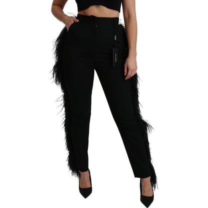 Dolce & Gabbana Black Feather Straight High Waist Wool Pants Pants