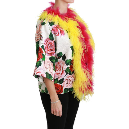 Dolce & Gabbana White Floral Coat Capte Fur Roses Jacket