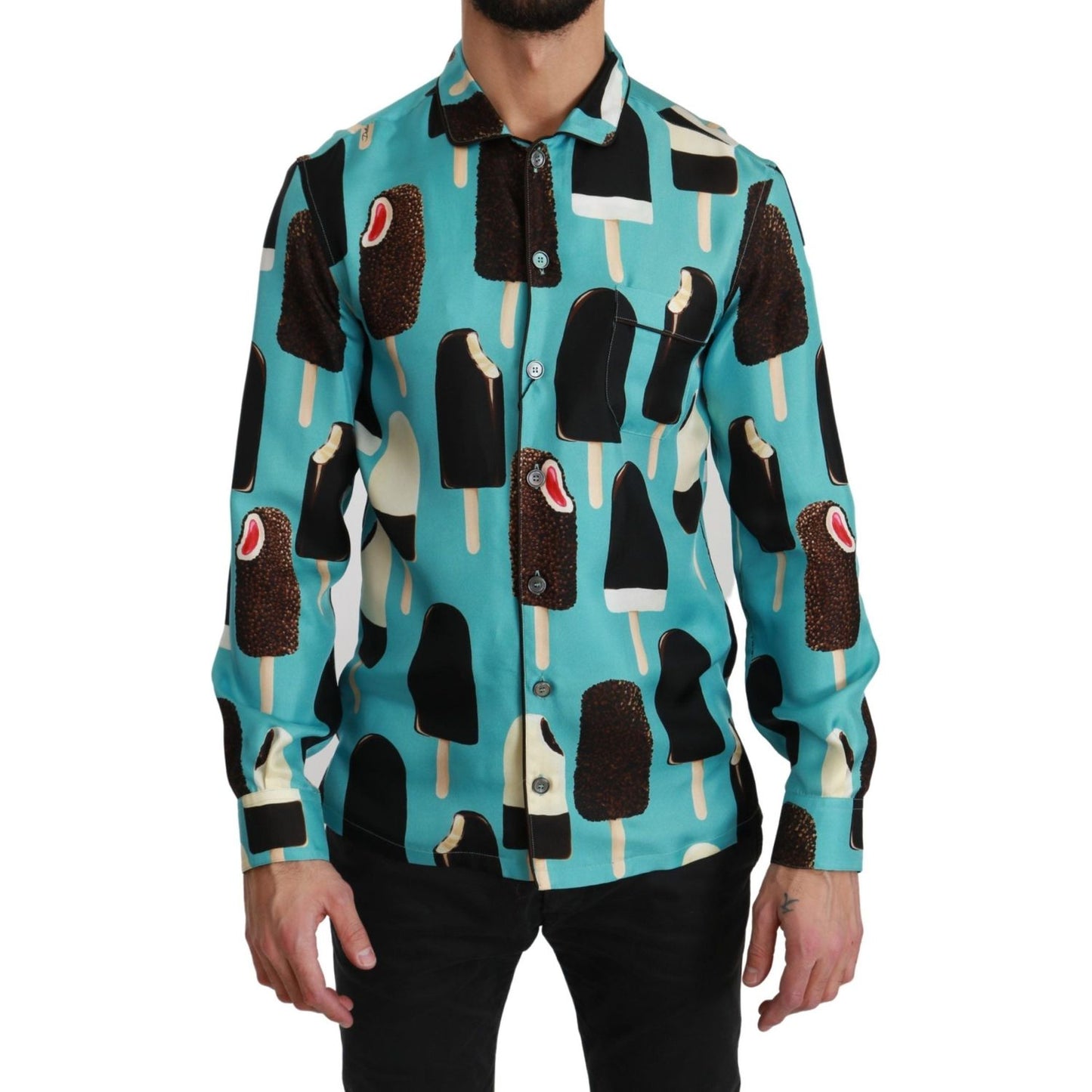 Dolce & Gabbana Blue Silk Ice Cream Print Casual Shirt