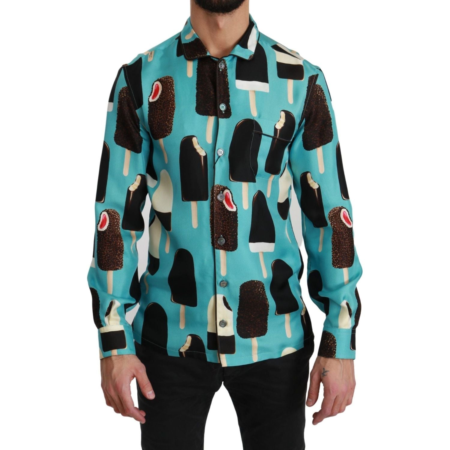 Dolce & Gabbana Blue Silk Ice Cream Print Casual Shirt