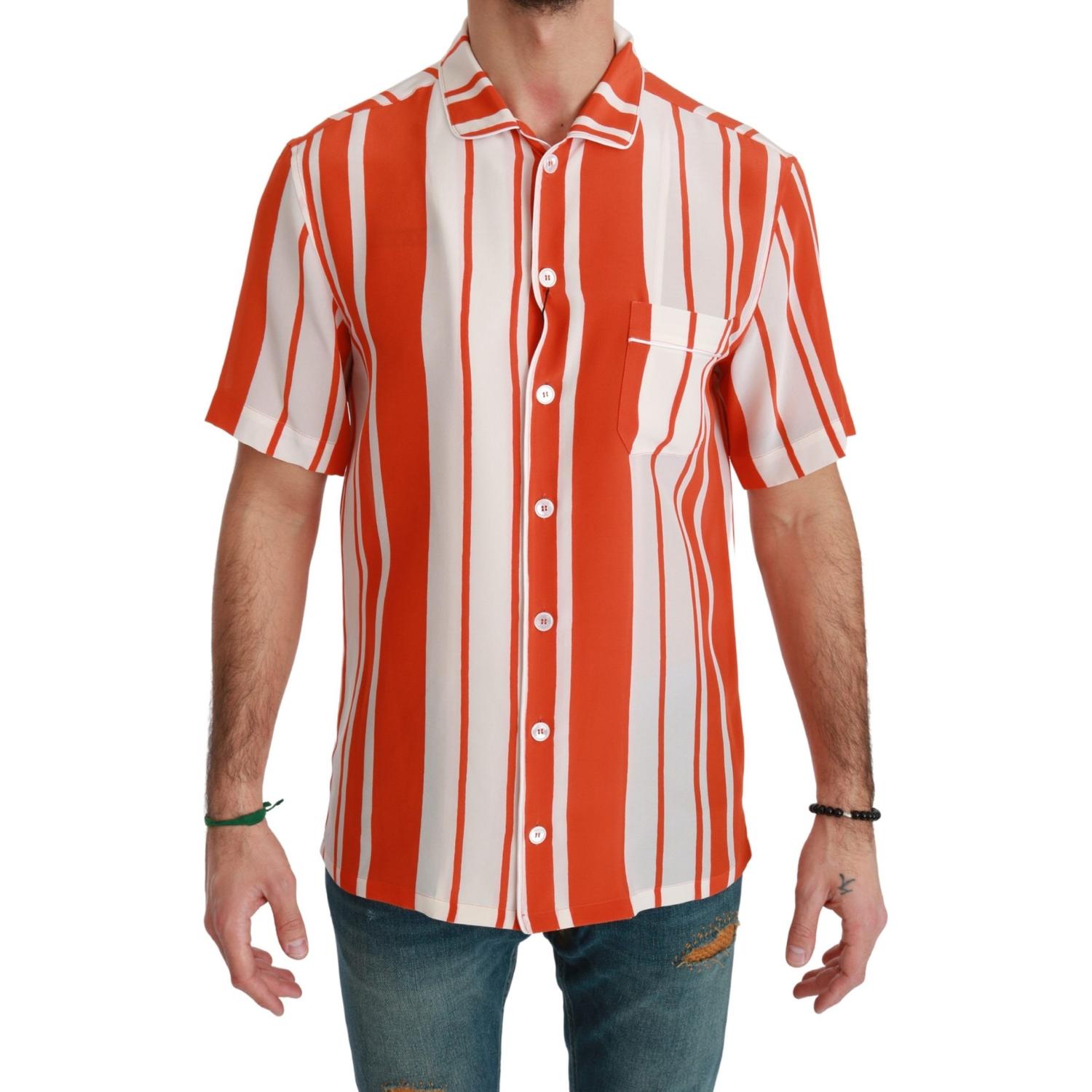 Dolce & Gabbana Orange Silk Striped Short Sleeve White Shirt