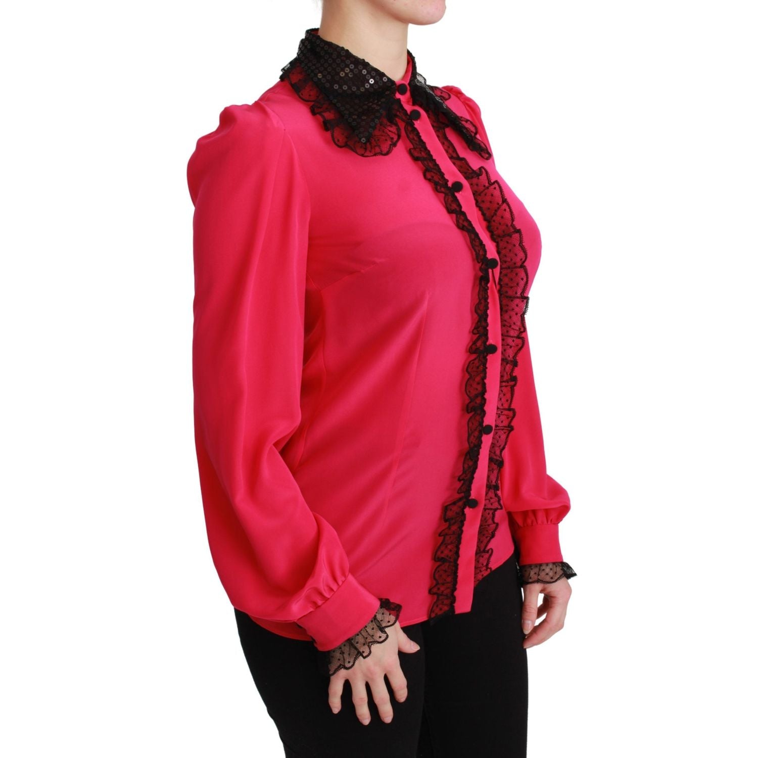 Dolce & Gabbana Pink Silk Black Sequin Lace Shirt Blouse