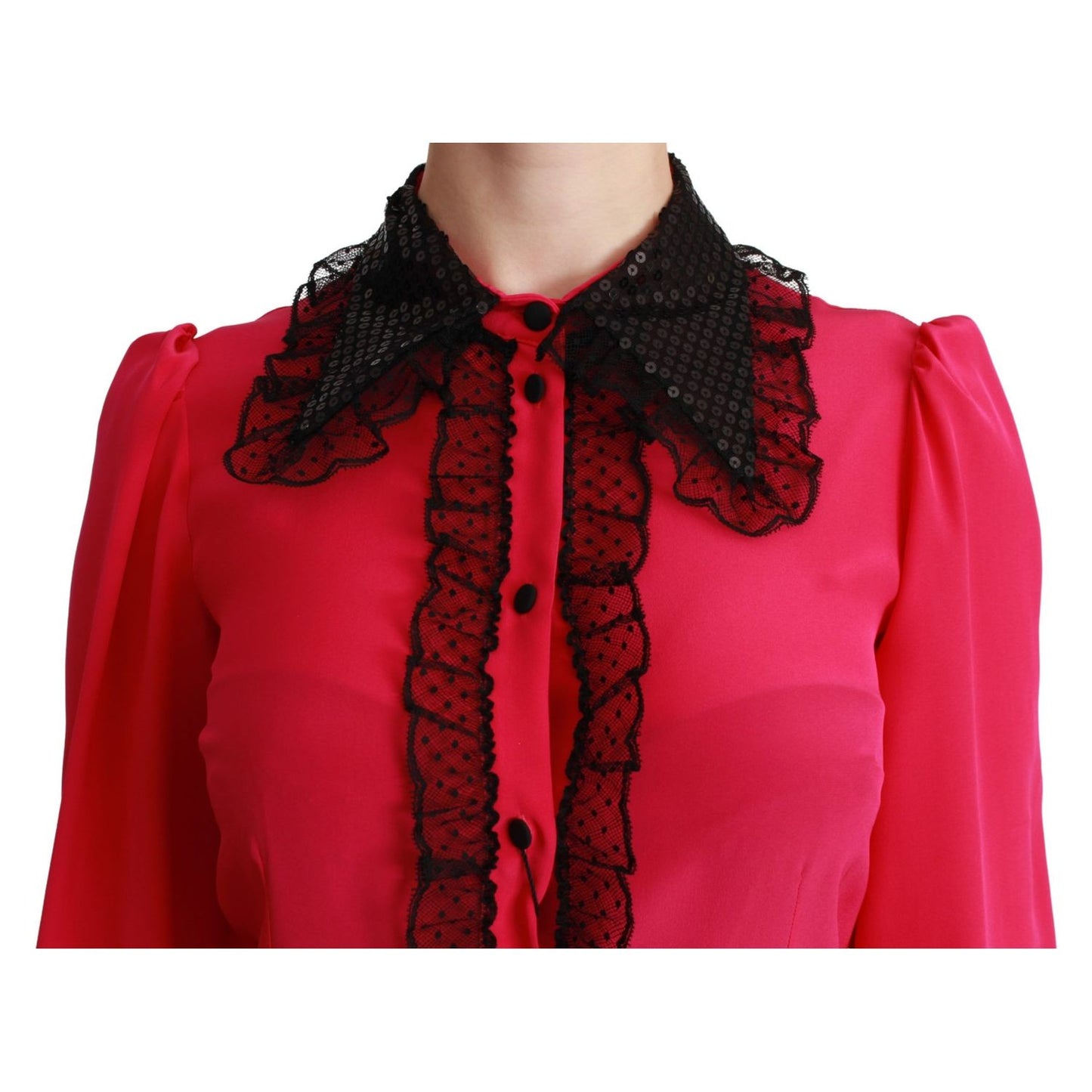 Dolce & Gabbana Pink Silk Black Sequin Lace Shirt Blouse