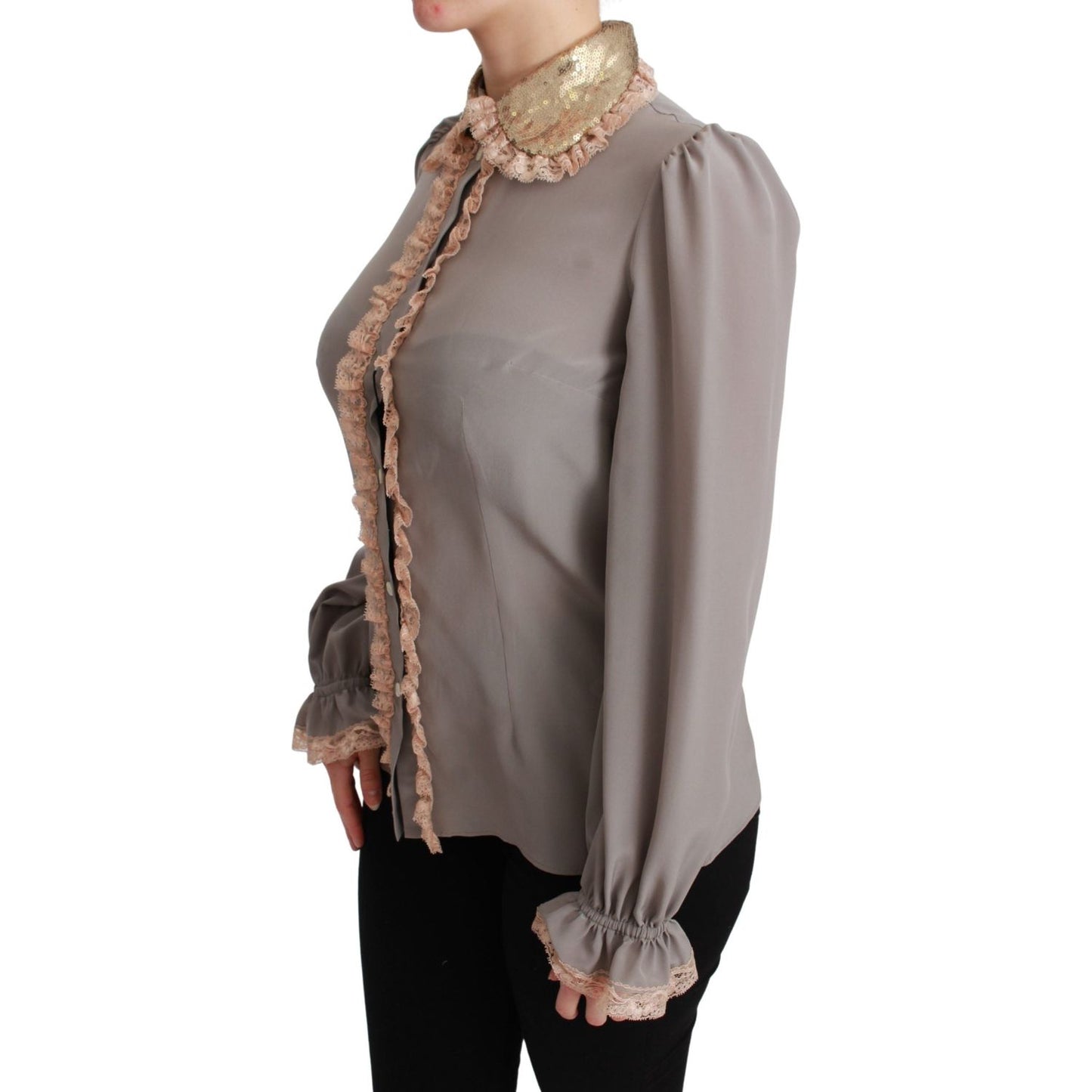 Dolce & Gabbana Gray Silk Gold Sequin Lace Blouse Shirt