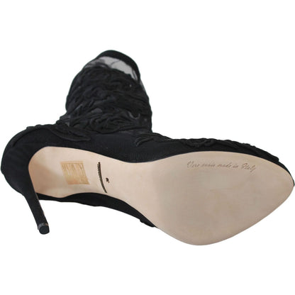 Dolce & Gabbana Black Roses Stilettos Booties Socks Shoes