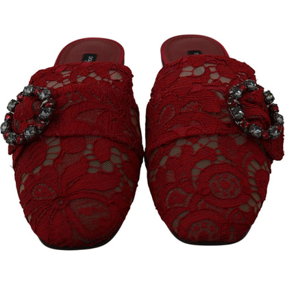 Dolce & Gabbana Red Lace Crystal Slide On Flats Shoes