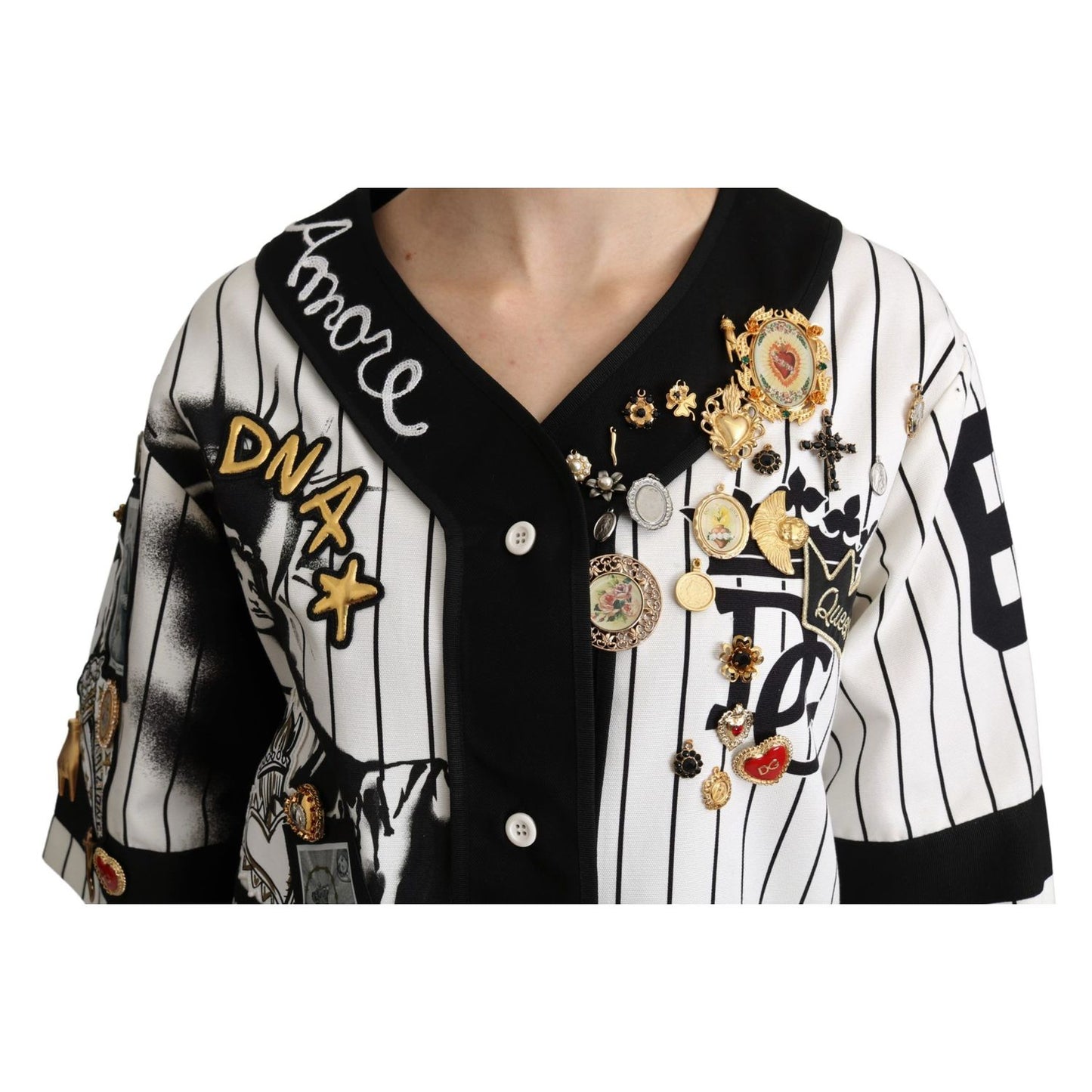 Dolce & Gabbana White and black Blouse Cotton Crystal Charms Amore Shirt