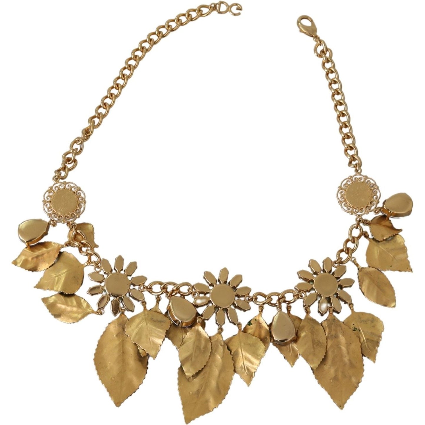 Dolce & Gabbana Green Leaves Gold Brass Crystal Flower Pendant Necklace SMY10075