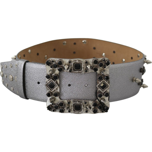 Dolce & Gabbana Silver Leather Crystal Stud Logo Buckle Belt BEL60886-70