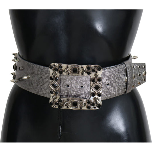 Dolce & Gabbana Silver Leather Crystal Stud Logo Buckle Belt BEL60886-70