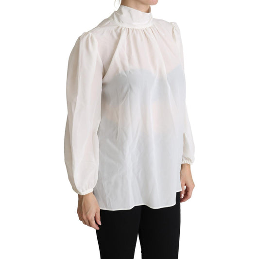 Dolce & Gabbana White Silk Pussy Bow Long Sleeved Top Blouse TSH5358-44