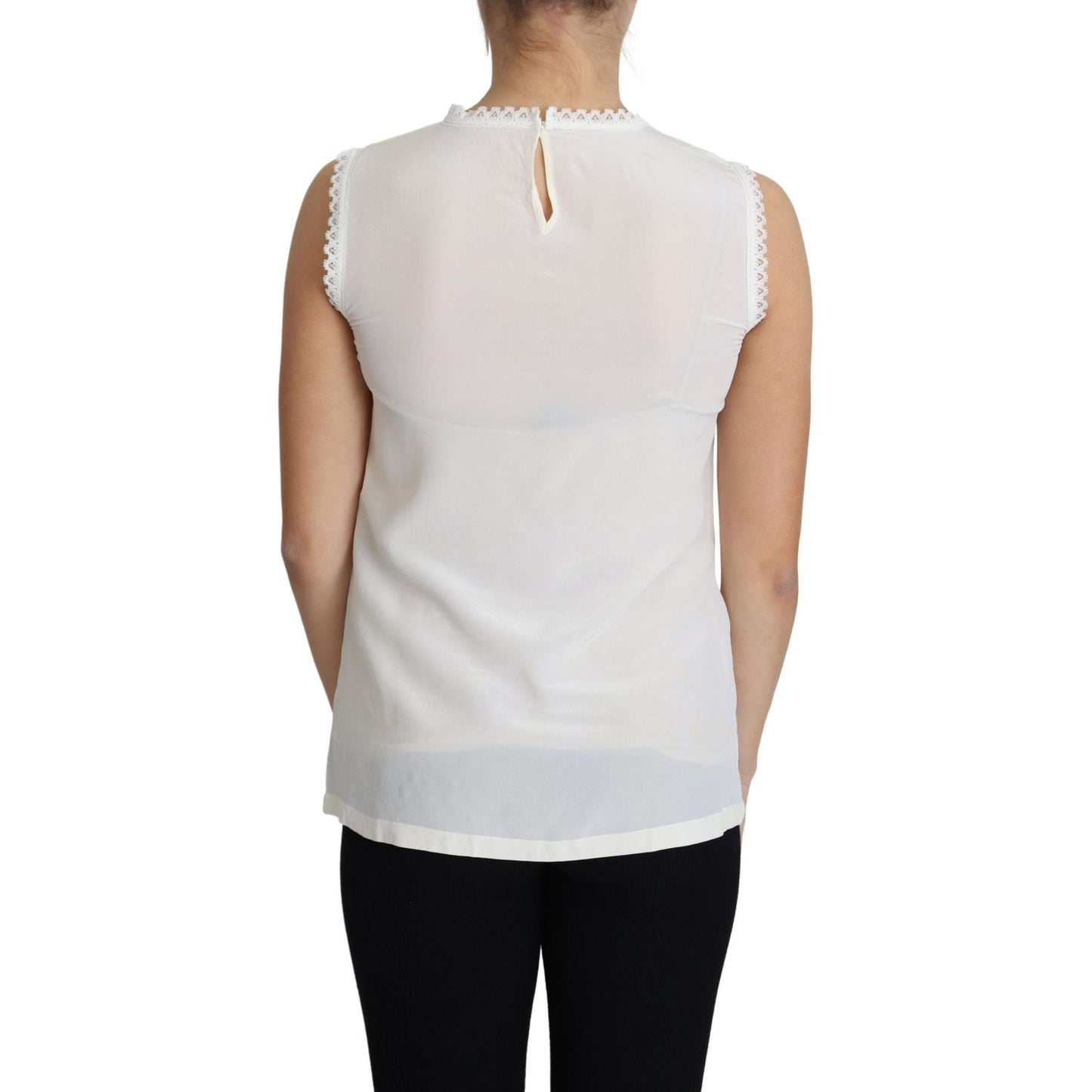 Dolce & Gabbana White Blouse Silk Lace Trimmed Sleeveless Top